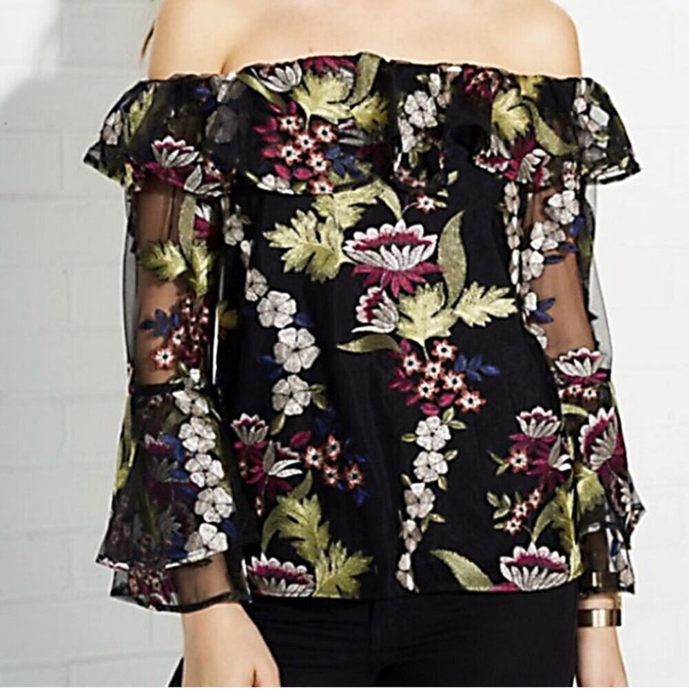 AMANDA UPRICHARD Women’s Black Sheer Embroidered Floral Off Shoulder Blouse